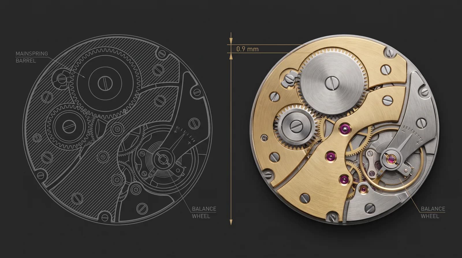 The rejected 8.9 mm variant in grey linework beside the production caliber in full brass
