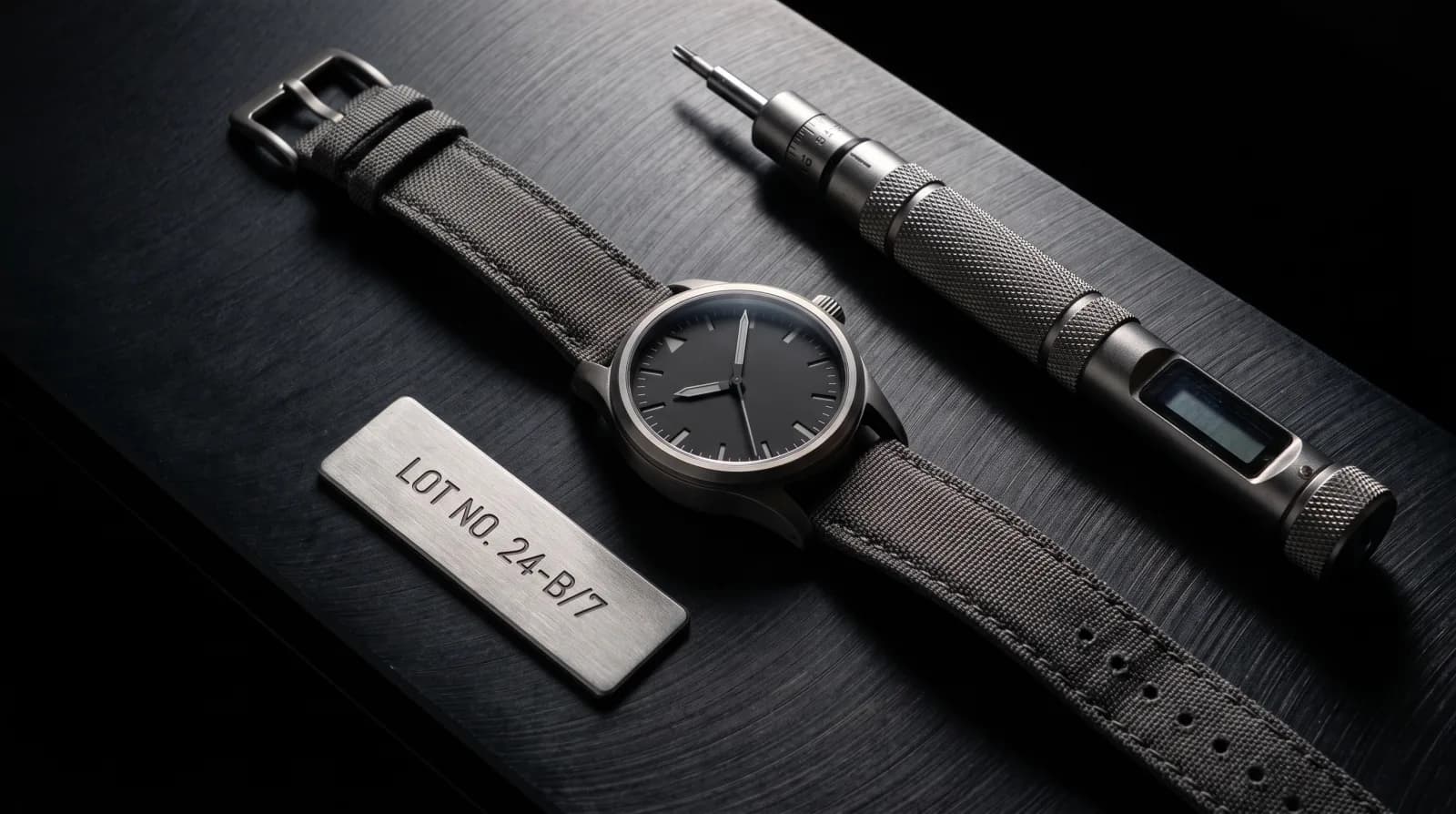 A finished HL-01 beside its engraved slot-number plate and torque driver
